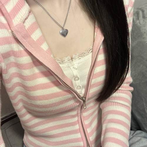 粉色条纹连帽双拉链针织卫衣