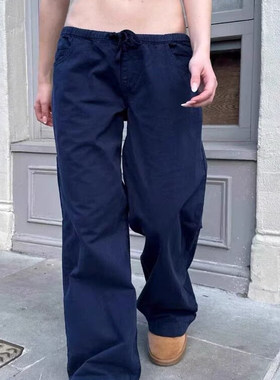 Brandy bm郑雅娴同款藏蓝色低腰抽绳休闲裤直筒裤美式街头辣妹