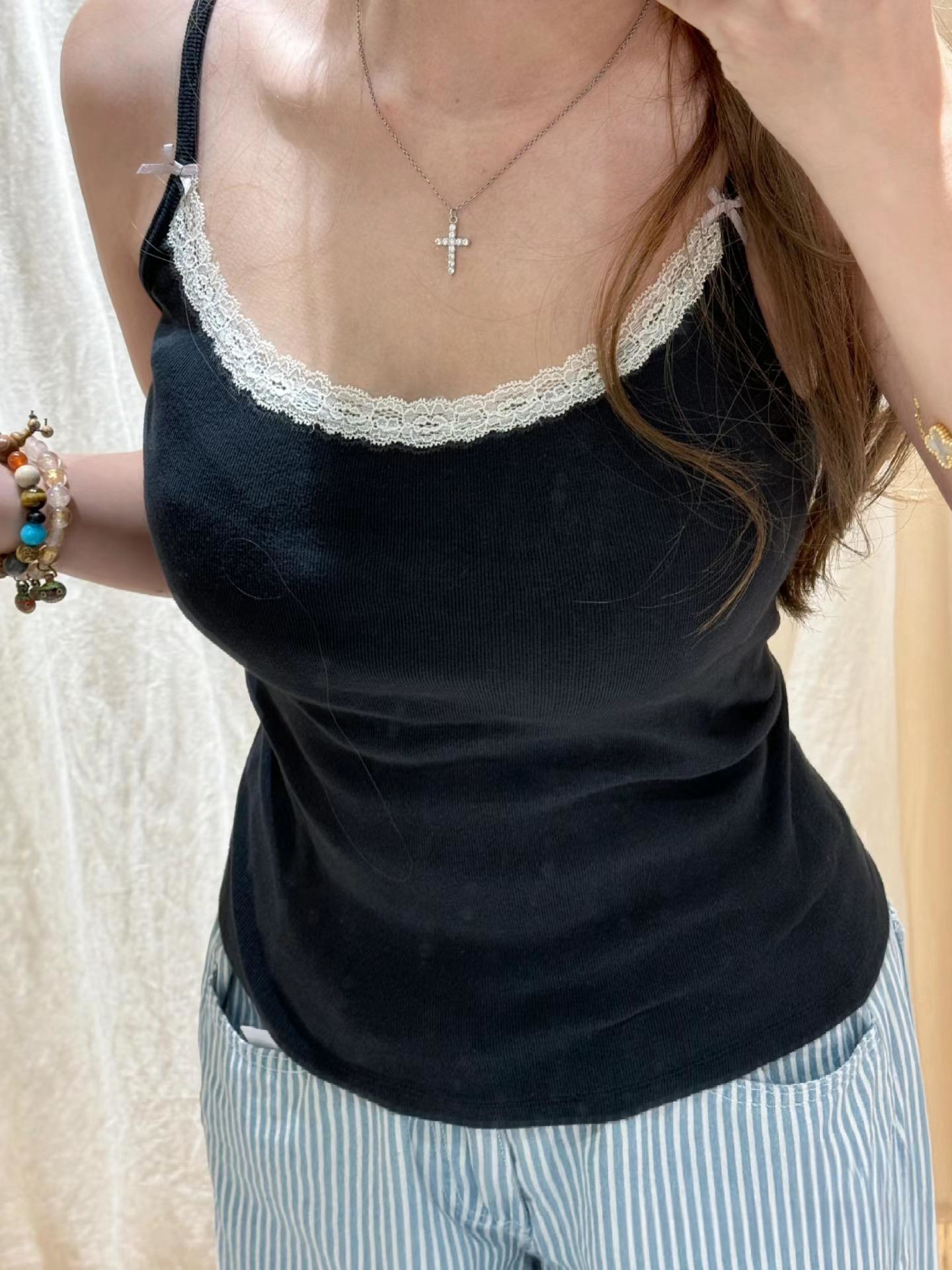 Brandy girl bm双蝴蝶结蕾丝边小吊带上衣女纯棉内搭外穿短背心潮