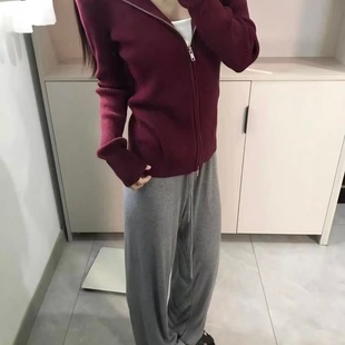 女修身 酒红色连帽拉链针织开衫 显瘦百搭毛衣外套 bm美式 Brandy