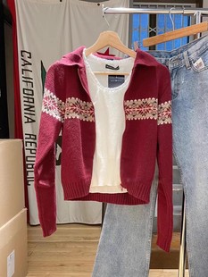 针织衫 BM秋冬新款 毛衣bm复古圣诞款 雪花翻领拉链开衫 短外套女 美式