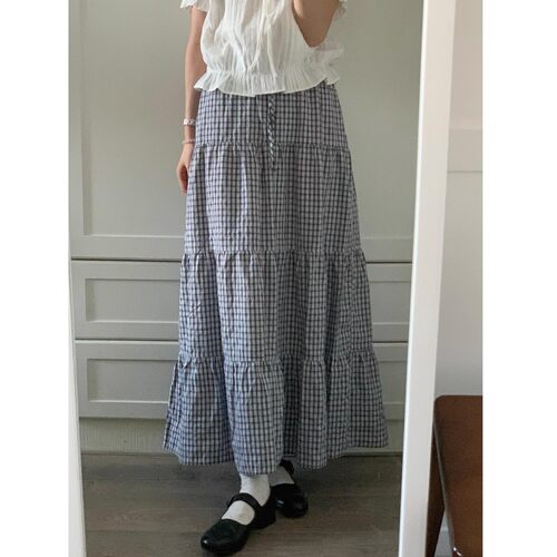 bm秋季复古黑白格子a字大摆裙子半身长裙蛋糕裙半身裙长款女