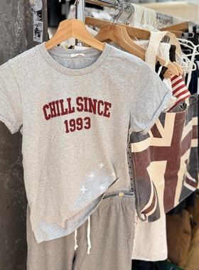 Brandy bm灰色美式复古纯棉修身T恤女夏季bm短袖上衣