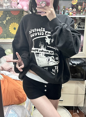 Brandy girl bm黑色美式复古摇滚吉他印花圆领套头卫衣女宽松上衣