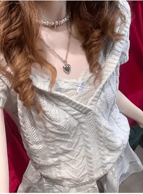 BM美式复古灰色麻花V领连帽短袖针织衫女休闲套头毛衣马甲女