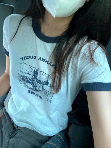 bm美式复古纯棉撞色短袖T恤女潮