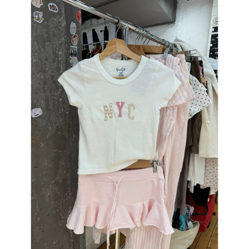 Brandy BM风白色NYC字母刺绣短袖T恤女修身显瘦少女风上衣