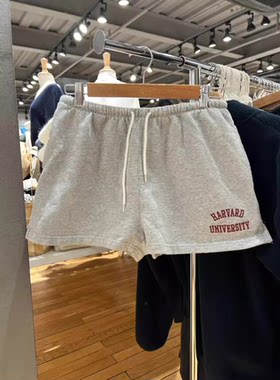 bm女装新款灰色哈佛大学字母刺绣抽绳短裤女学生休闲运动裤热裤夏