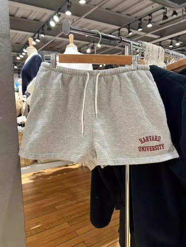 bm女装新款灰色哈佛大学字母刺绣抽绳短裤女学生休闲运动裤热裤夏