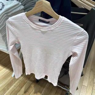 甜美上衣 T恤女bm紧身弹力圆领打底衫 brandy新款 纯棉粉色条纹长袖