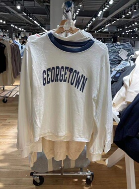 Brandy Girl官网蓝色领边圆领字母印花长袖T恤薄款上衣女