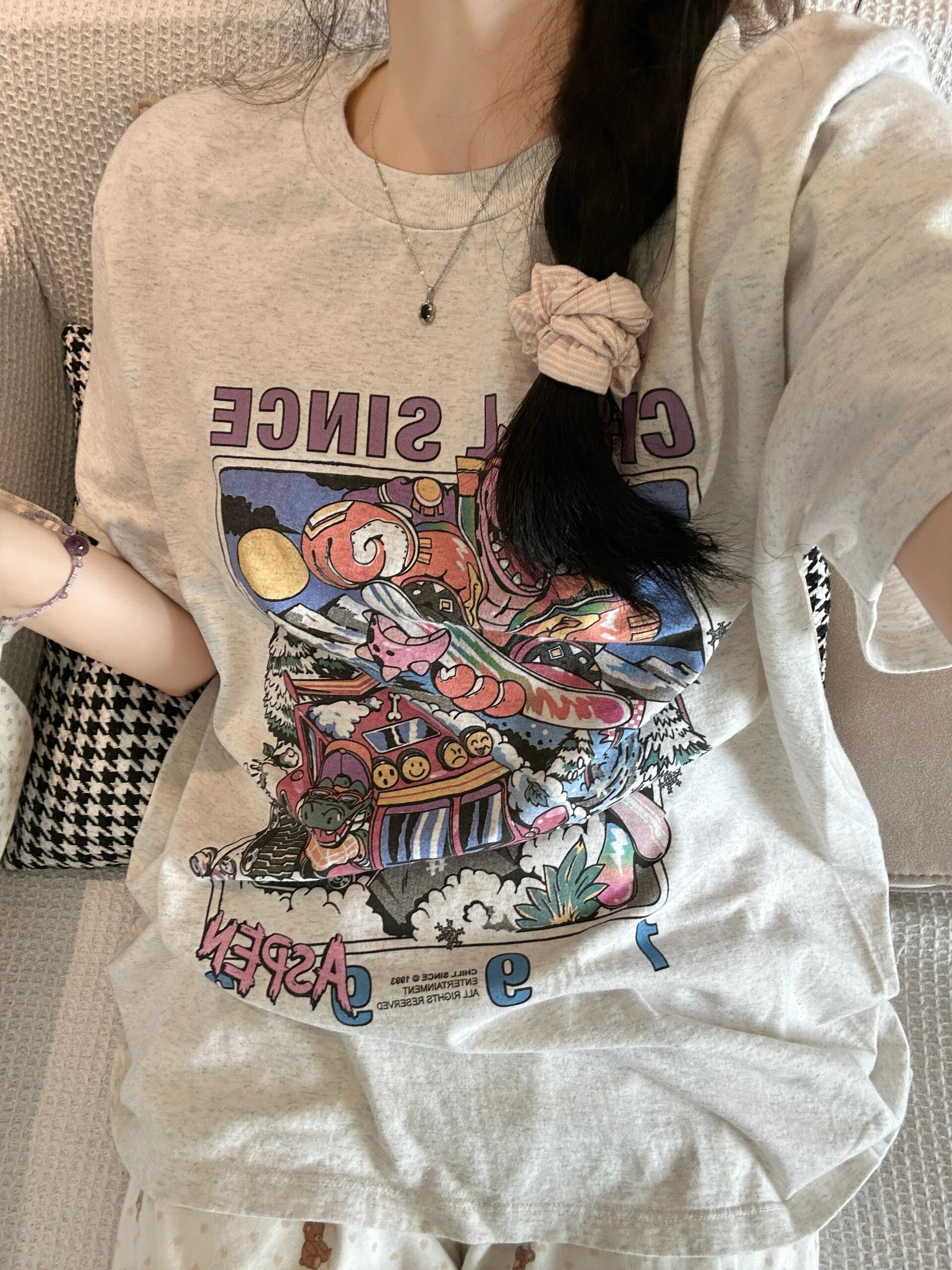 Brandy girl Bm美式复古动漫卡通宽松恐龙短袖女上衣ins2024新款