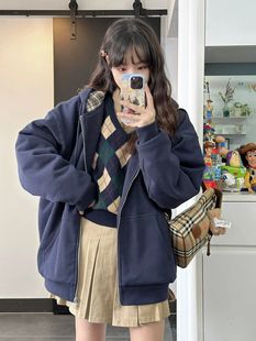 Brandy 复古慵懒宽松拉链连帽卫衣外套加棉秋冬 girl bm学院风美式