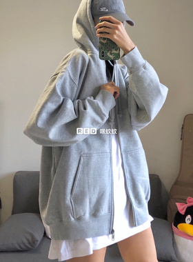 Brandy Girl bm灰色徐璐同款宽松连帽卫衣女春秋开衫外套上衣