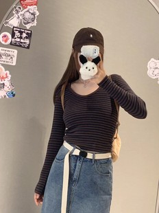Brandy美式复古棕色条纹圆领修身长袖T恤女春秋bm打底衫显瘦上衣