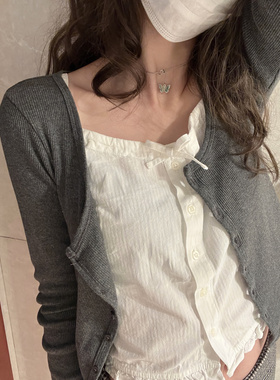 brandy girl bm深灰色长袖开衫低圆领女上衣女打底衫2023新款外套