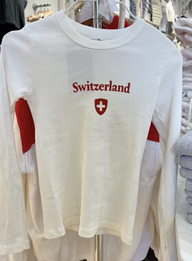 brandy girl新款美式复古白色瑞士国旗刺绣长袖T恤上衣bm打底衫