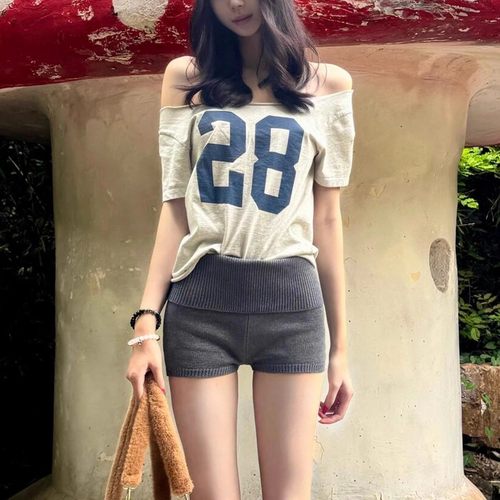 Brandy girl bm美式复古辣妹露肩休闲宽松T恤女小众设计灰色上衣