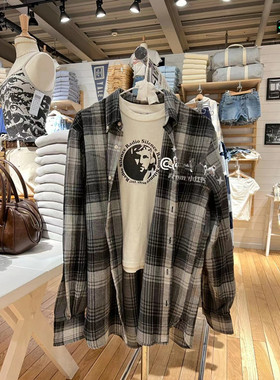 Brandy GirlBM宋祖儿灰色同款古着格子衬衫复古宽松中长款