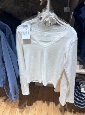 Brandy girl bm白色美式复古v领蕾丝纯棉长袖T恤纯欲显瘦上衣奶女