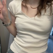 brandy t恤女 bm甜美修身 girl新款 纯棉纯欲米白花边领设计短袖