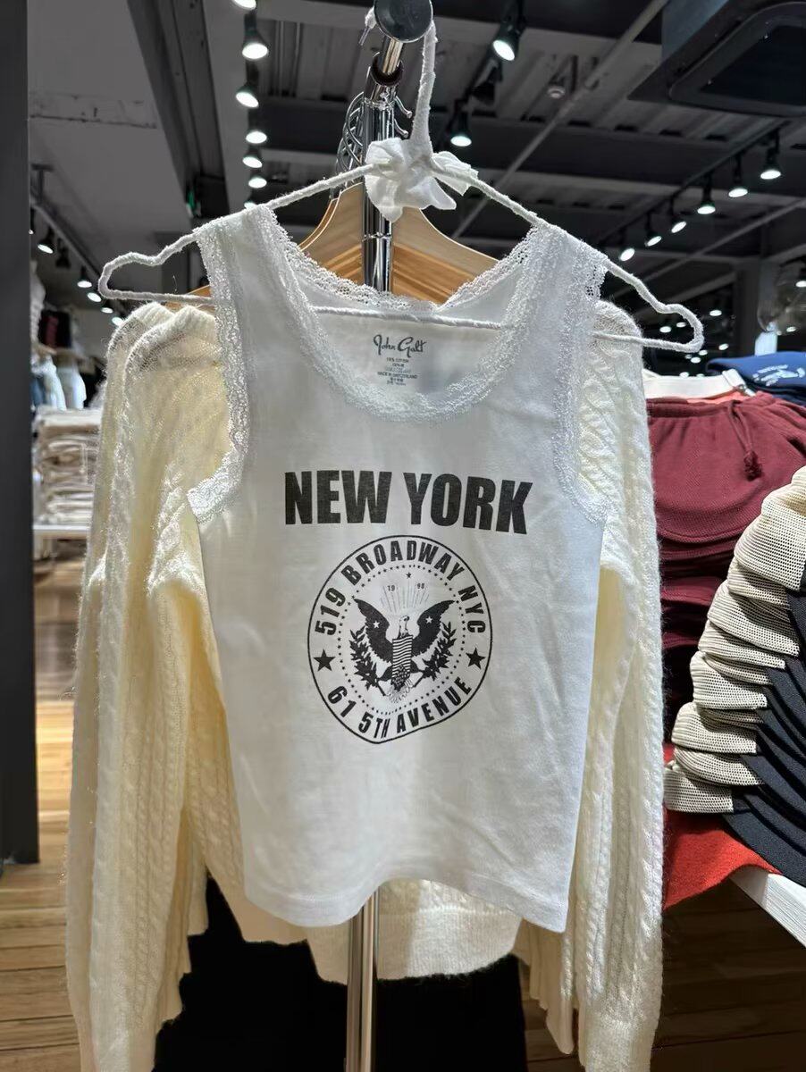 Brandy新款纽约Newyork印花无袖上衣女夏季bm蕾丝边打底吊带背心