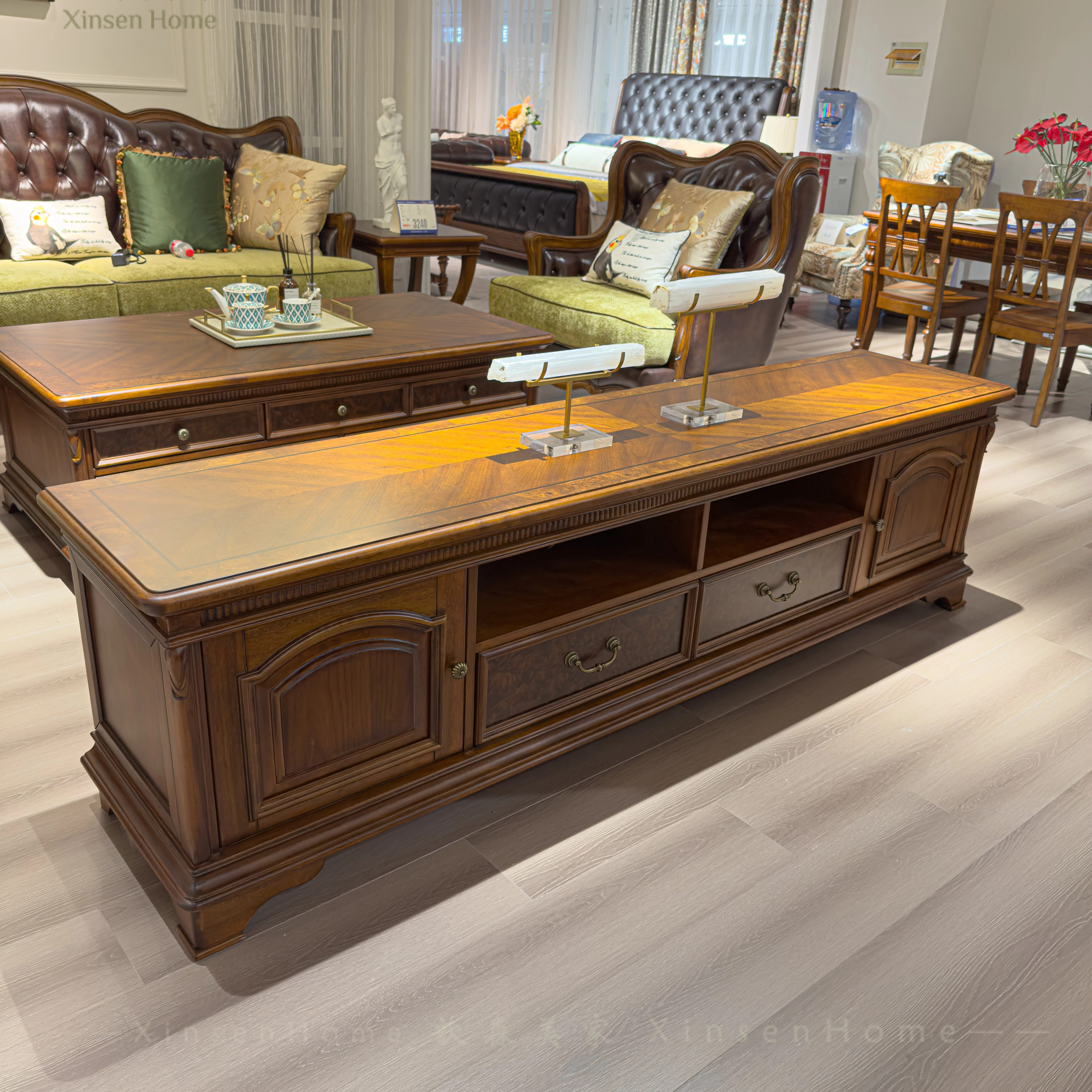 美式全实木茶几电视柜组合客厅家用落地纯实木乡村复古小户型地柜