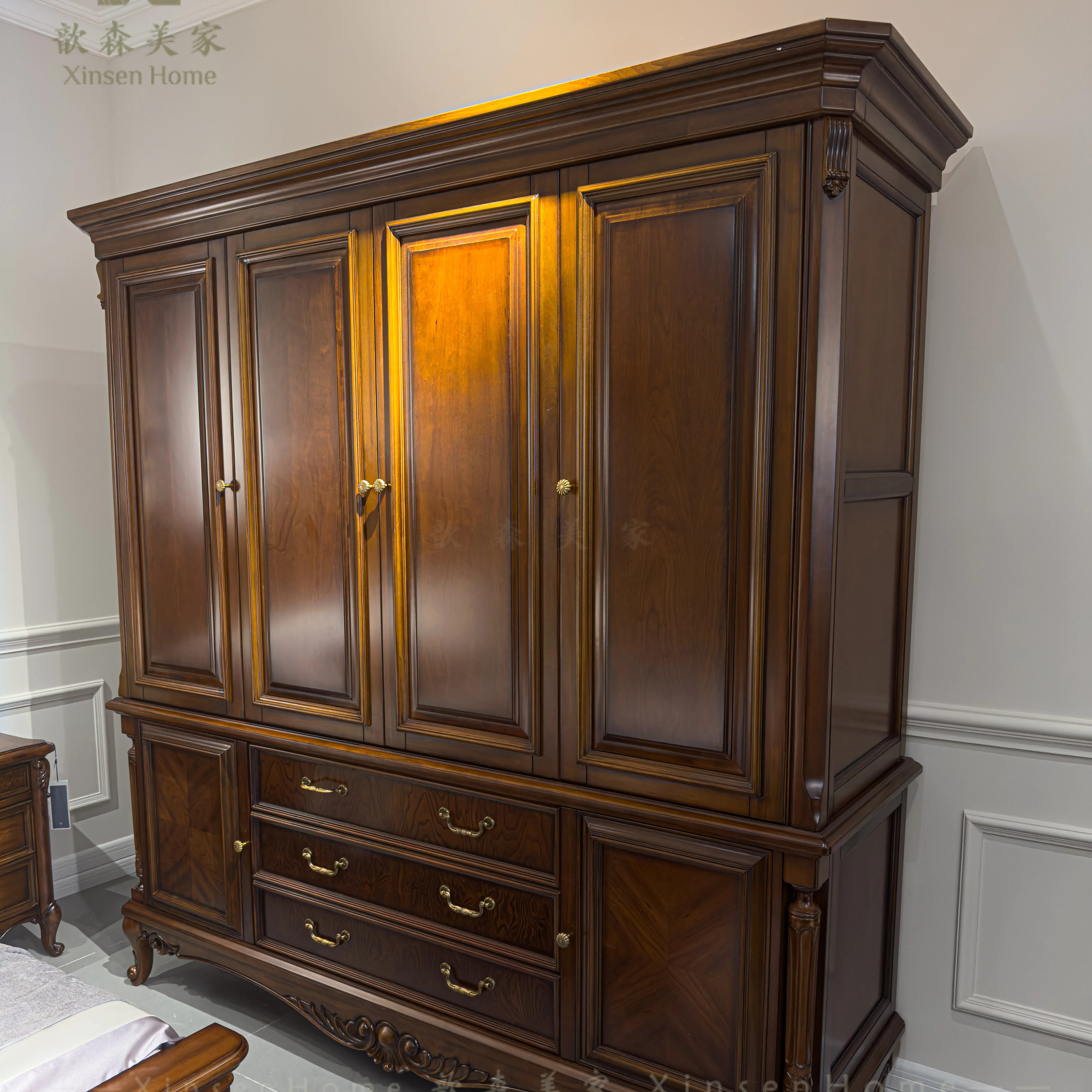 美式实木四门大容量卧室衣柜