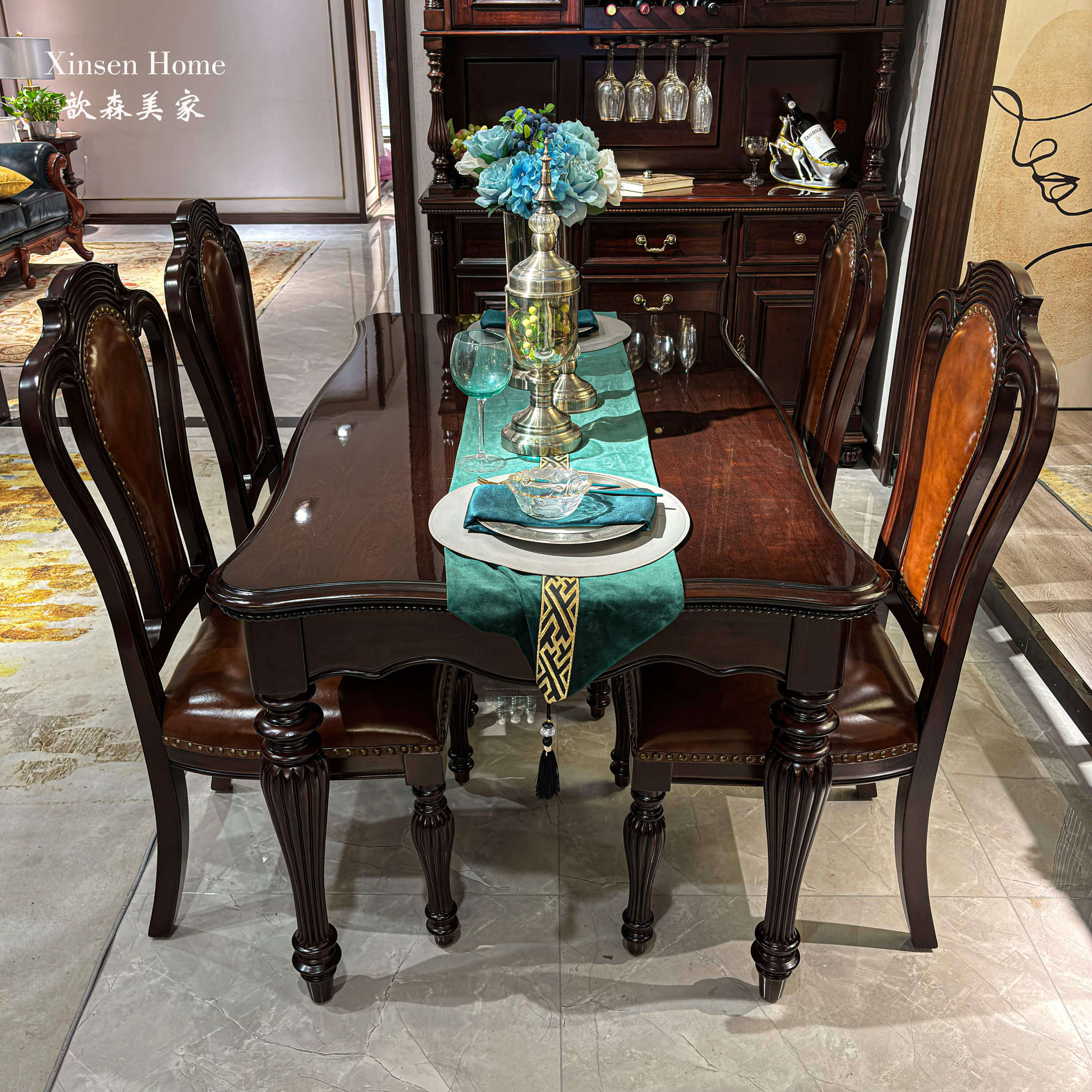 美式全实木餐桌乡村复古家用餐厅桌子椅组合套装原木美式家具