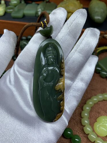 析木绿河磨玉帝王绿观音牌子吊坠挂坠36克天然和田玉东北籽料正品