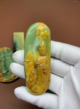 和田玉析木椴树林河磨玉观音手把件58克精品原生态一手货源可定制