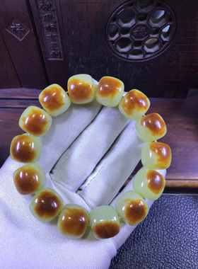 东北籽料黄白老玉河磨玉粒粒带皮1516老形手链手串101克厂家直销