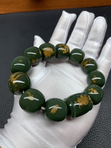天然和田玉析木绿河磨玉颗颗带皮老型珠大尺寸手链手串129克正品
