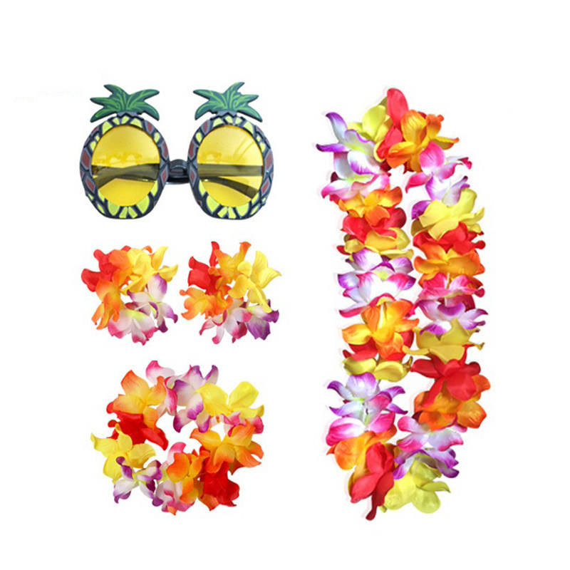 升级加大花环夏威夷草裙舞套装四件套彩色花环眼镜装饰道具