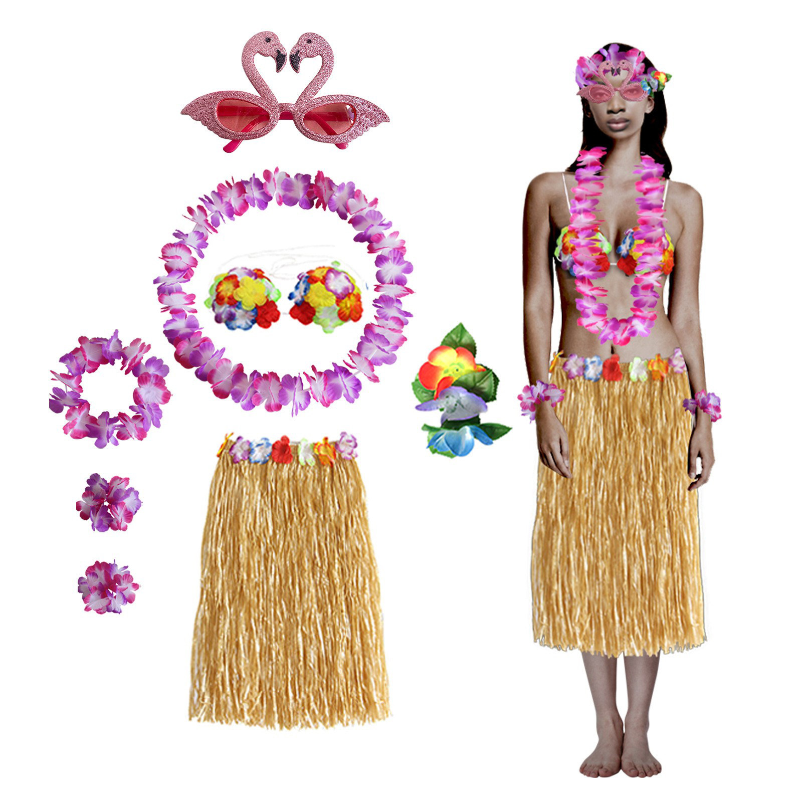 夏威夷草裙舞服装成人八件套花环头环手环60cm80cm表演派对道具