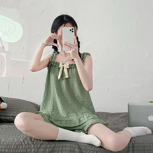套装 睡衣女夏天ins甜美可爱少女家居服韩版 小清新蝴蝶结吊带短裤