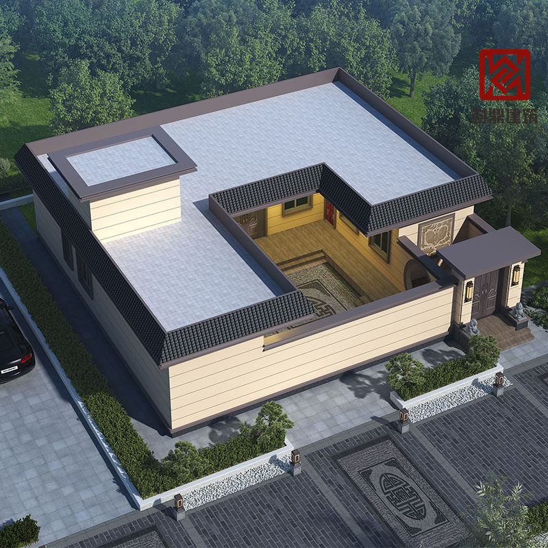 一层新中式三四合院别墅自建房图纸设计16X16米跑楼梯农村院子图2