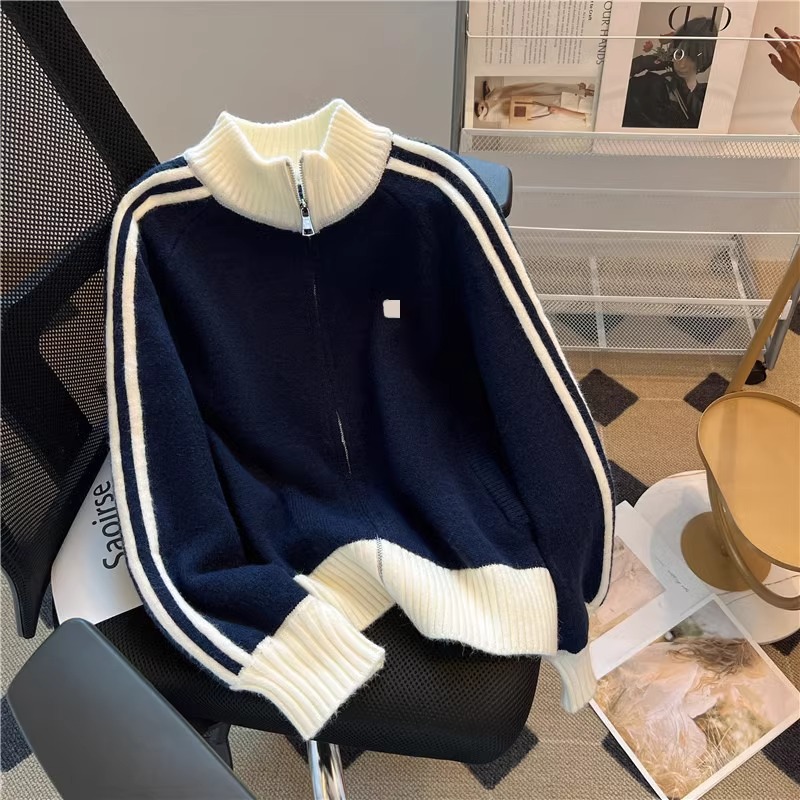 广州十三行爆款撞色条纹棒球服外套女秋冬拼接拉链小个子针织毛衣