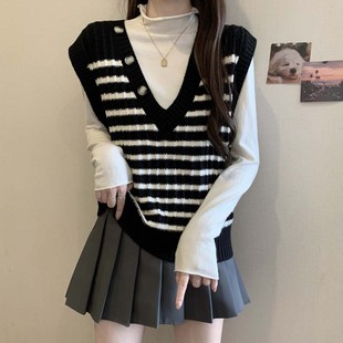 V领叠穿针织马甲背心女春季 上衣 2025大码 微胖mm韩系宽松坎肩无袖