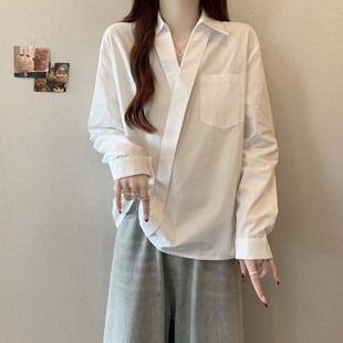 微胖mm显瘦宽松百搭上衣 简约别致欧货V领长袖 衬衫 女春季 2025大码