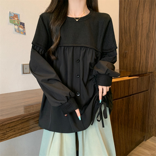 2025大碼 設計感拼接長袖 女春季 胖mm顯瘦遮肉中長款 襯衫 寬松上衣潮