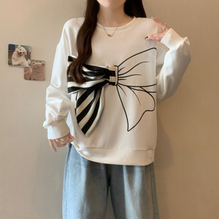 微胖mm设计感洋气减龄宽松上衣 立体蝴蝶结圆领卫衣女春秋2025大码