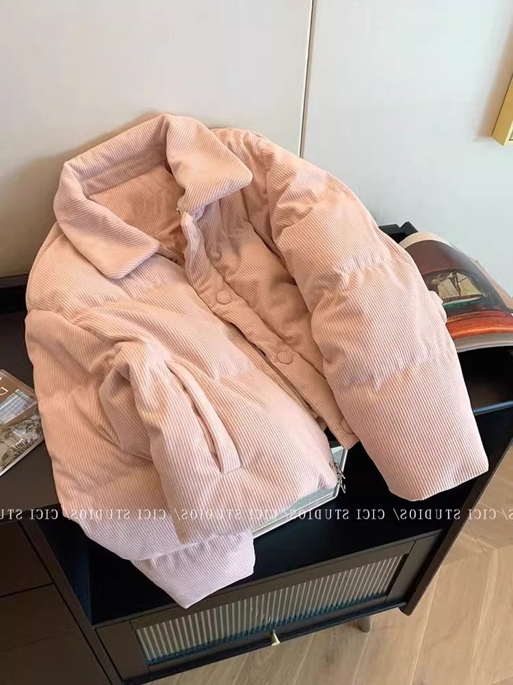 粉色灯芯绒翻领短款棉服女秋冬2025新款小个子宽松加厚保暖面包服