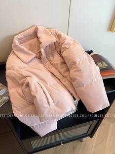 粉色灯芯绒翻领短款 小个子宽松加厚保暖面包服 棉服女秋冬2025新款