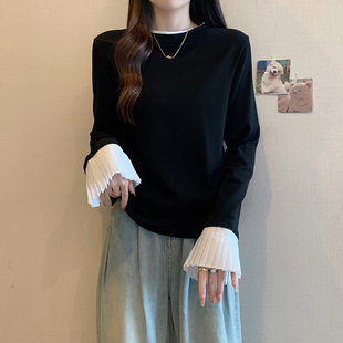 时尚 微胖mm显瘦百搭洋气别致上衣 拼接长袖 打底T恤女春秋2025大码