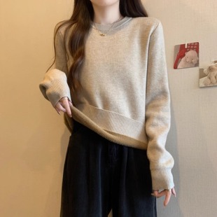 微胖mm显瘦一体绒保暖上衣针织衫 加绒加厚圆领套头毛衣女秋冬大码