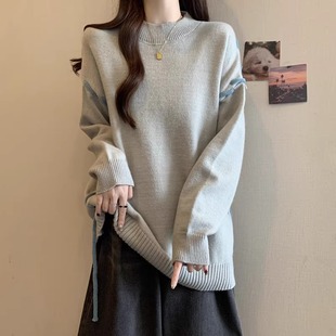 胖mm松弛感外穿上衣针织衫 灰色宽松慵懒风圆领套头毛衣女秋冬大码