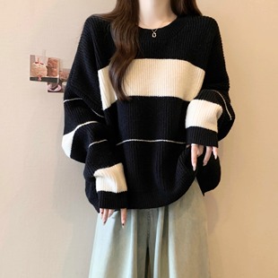 胖mm宽松显瘦加厚慵懒风上衣 撞色条纹圆领套头针织毛衣女秋冬大码