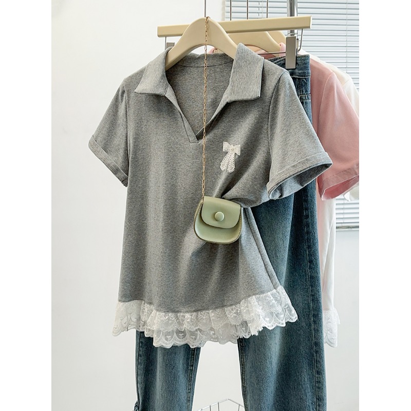 韩系设计蕾丝拼接Polo领上衣女夏季大码胖mm百搭修身显瘦短袖t恤