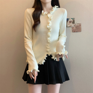 设计感木耳边长袖 气质内搭打底毛衣 针织上衣女春秋大码 微胖mm法式